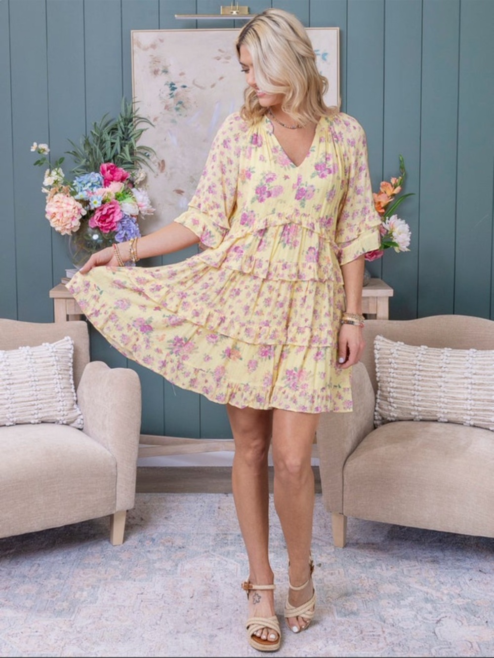 Easel Yellow Floral Wing Sleeve Tiered Dress